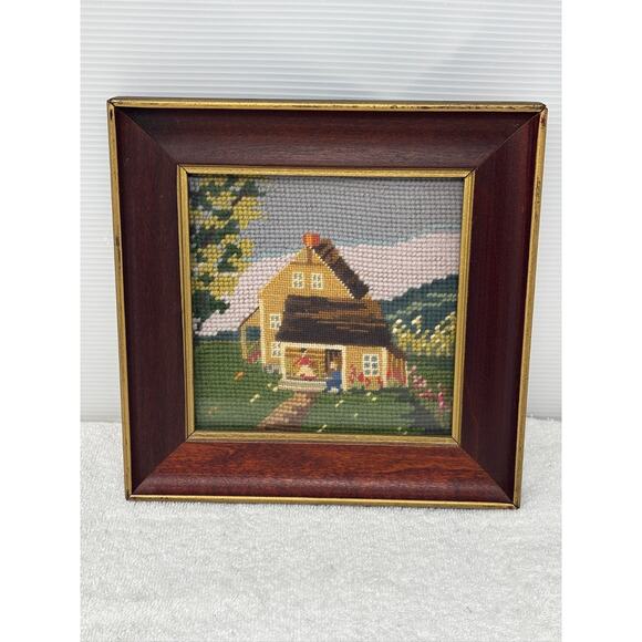 VTG Framed Needlepoint Art House Porch Cottagecore Decor Early American - Picture 6 of 6